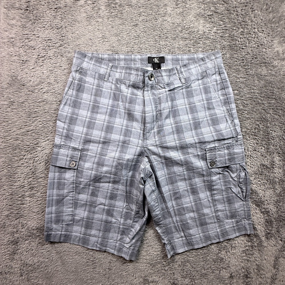 Y2K Calvin Klein Mens Blue Grey Plaid Cargo Shorts 32 Cotton Casual Outdoors